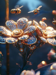 Bees flying around ornate jeweled flowers, pollination concept