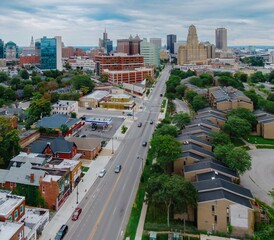Residential housing and city skyline of downtown Buffalo, New York, United States.