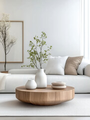 Round wood coffee table against white sofa Scandinavian style living room.