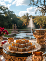 Baklava displayed on golden tray with ornate teapot and garden background