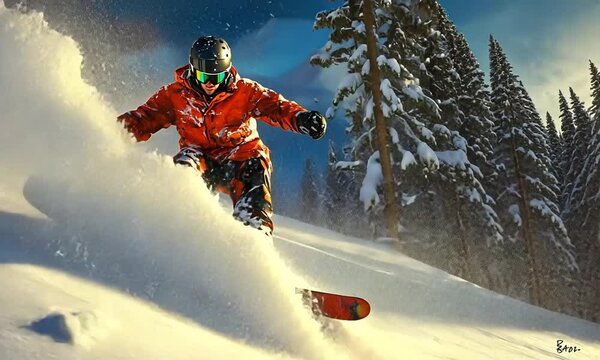 Snowboarder performing a jump in a snowy landscape.