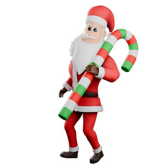 Santa Claus Artistic Design. A male Santa master stands facing slightly to the right with his left hand holding a large Christmas candy cane . 3D Cartoon Style