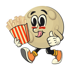 Moon mascot character illustration brought a box of french fries, cartoon mascot isolated, work of hand drawn