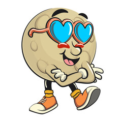 Moon mascot character illustration wearing heart shaped beach sunglasse, cartoon mascot isolated, work of hand drawn