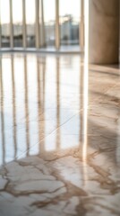 A polished marble floor reflecting light and shadows in a spacious interior.