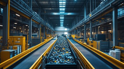 Fototapeta premium Modern recycling facilities, sorting conveyor belts, workers managing the recycling process, clean and tidy environment, focusing on sustainability, waste management, and environmental practices.