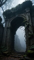 Ancient Stone Archway Draped with Skeletal Vines Leading into Darkness