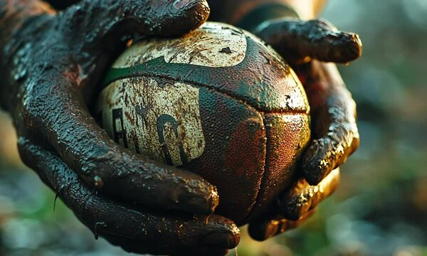 Hands holding a muddy rugby ball in a natural setting.