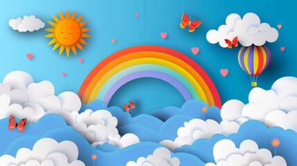 Beautiful fluffy clouds on blue sky background with summer sun