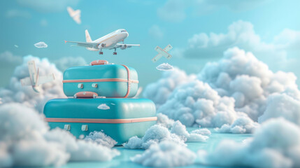 Fototapeta premium Luggage blue, air ticket float away from passport with airplane is taking off and cloud