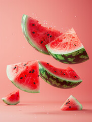levitating watermelon cutted pieces, separated, white color background