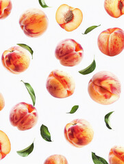Various falling fresh ripe peach on light white background, horizontal composition
