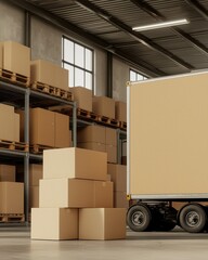 A modern warehouse scene featuring stacked cardboard boxes, a delivery truck, and high shelves filled with more boxes.