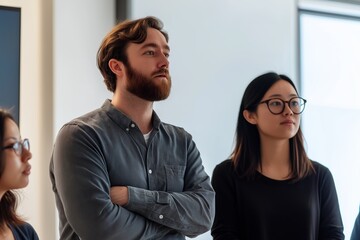 Group of colleagues engaging in lively discussion during a presentation in a bright modern office environment