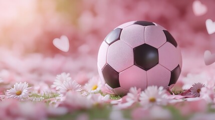 Fototapeta premium Minimalist soccer ball design with hearts and flowers on a pastel pink background, combining beauty, simplicity, and elegance in a modern and clean aesthetic, perfect for contemporary concepts.