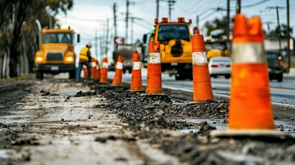 Road work scene with construction cones, signs, and workers making repairs