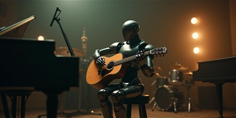 Fototapeta premium A humanoid robot strums an acoustic guitar in a dimly lit music room, surrounded by a piano, cello, and drum set. The scene captures the fusion of technology and art.