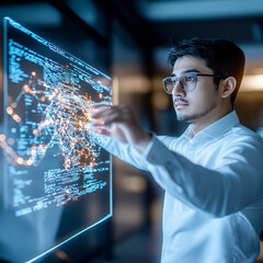 Smiling, handsome businessman in glasses, looking at the computer screen