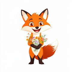 Fototapeta premium cheerful cartoon fox holding vibrant bouquet of wildflowers, showcasing playful and friendly demeanor. This delightful character embodies joy and nature beauty
