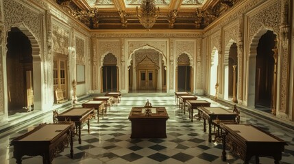Fototapeta premium A grand, ornate room with intricate architecture and wooden tables, likely for meetings or gatherings.