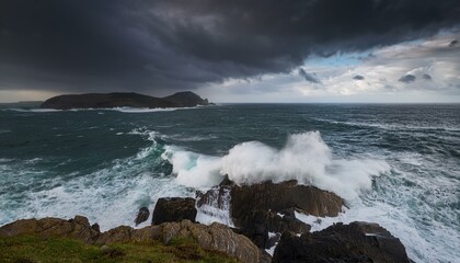 Dramatic waves crash against rugged coastline under a stormy sky.