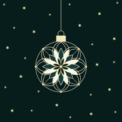 Minimalistyczny wzór bożonarodzeniowej kartki ze złotą świąteczną bombką z geometryczną dekoracją i małymi gwiazdkami w nowoczesnym i eleganckim stylu. © Monika