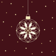 Minimalistyczny wzór bożonarodzeniowej kartki ze złotą świąteczną bombką z geometryczną dekoracją i małymi gwiazdkami w nowoczesnym i eleganckim stylu. © Monika