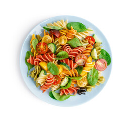 Plate with Italian pasta salad on white background