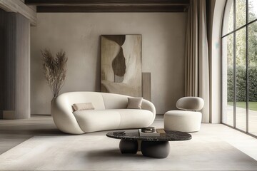 Japandi-style simple living space showcasing a rounded couch and stylish chair arrangement for contemporary residences