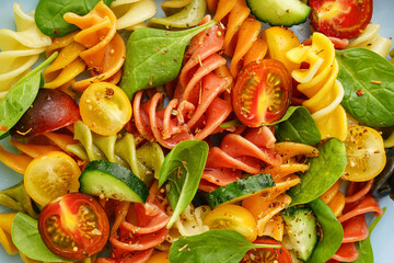 Plate with Italian pasta salad, closeup