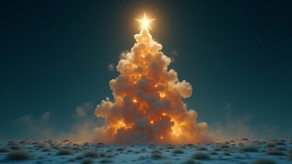A surreal Christmas tree shaped like a glowing mushroom cloud in a snowy field under a starry night sky, blending festive warmth with awe-inspiring imagery