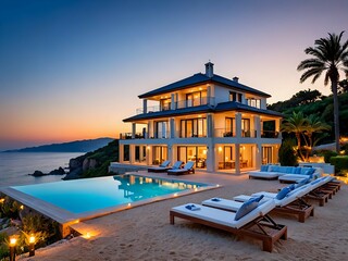 Obraz premium Luxury villa on the beach with sunset view 