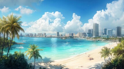 Naklejka premium A vibrant beach scene with a city skyline, showcasing clear waters and lush palm trees.