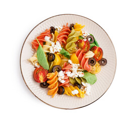 Plate with Italian pasta salad on white background