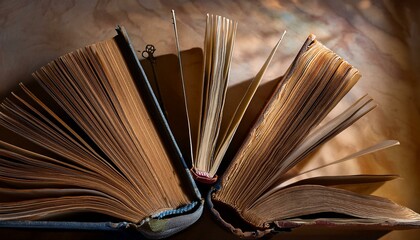 Aged books open wide, revealing pages filled with stories and wisdom.