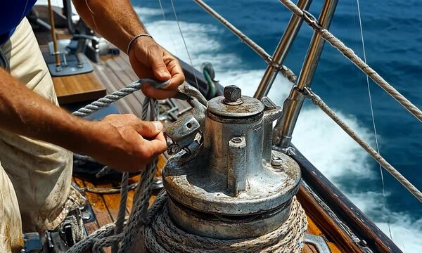 Hands adjusting a winch on a sailing vessel at sea.
