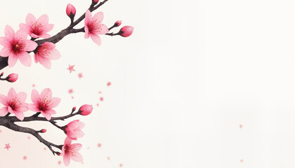 Naklejka premium Cherry blossom branch with pink flowers on a serene background with a copy space