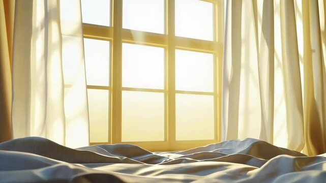 Serene bedroom with soft sunlight filtering through sheer curtains, casting warm glow on rumpled bed, creating peaceful and inviting atmosphere for relaxation.