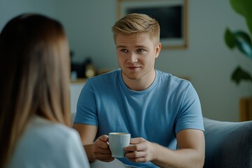 Conversation between a white man and an Asian woman on a cozy sofa with warm lighting