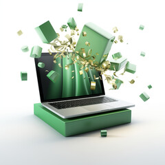 A green gift box open with an iMac, MacBook, iPad and iPhone floating around