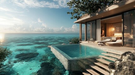 Fototapeta premium A luxurious oceanfront villa with a pool overlooking clear turquoise waters.