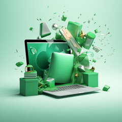 A green gift box open with an iMac, MacBook, iPad and iPhone floating around