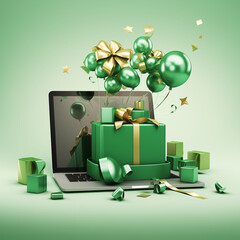 A green gift box open with an iMac, MacBook, iPad and iPhone floating around