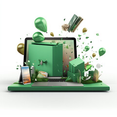A green gift box open with an iMac, MacBook, iPad and iPhone floating around