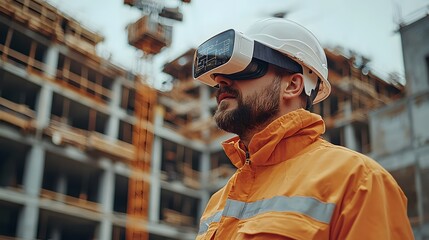 Drone engineers utilizing vr technology on construction site urban environment innovative work methodology