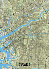 The image showcases a detailed map of Osaka, Japan. The map is rendered in a minimalist style with a light green background representing land, dark blue for water bodies.