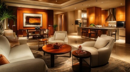 Modern living room with stylish furniture and a dining area in a warm, inviting atmosphere.
