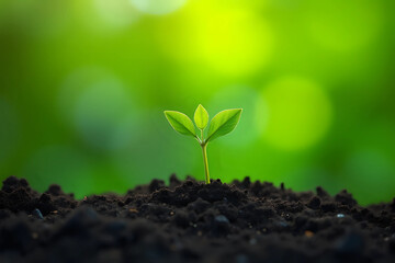 A young seedling with fresh green leaves on black soil that is rich in nutrients necessary for growth. The concept of loving the environment, saving the world. Green background with bokeh.