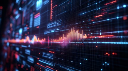 Obraz premium Modern energy grid simulation with peak power demand and sustainability metrics displayed on holographic monitors. Professionals analyzing data in a high-tech environment, 4k resolution.