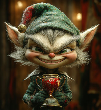 creepy evil Christmas elf holding a trophy